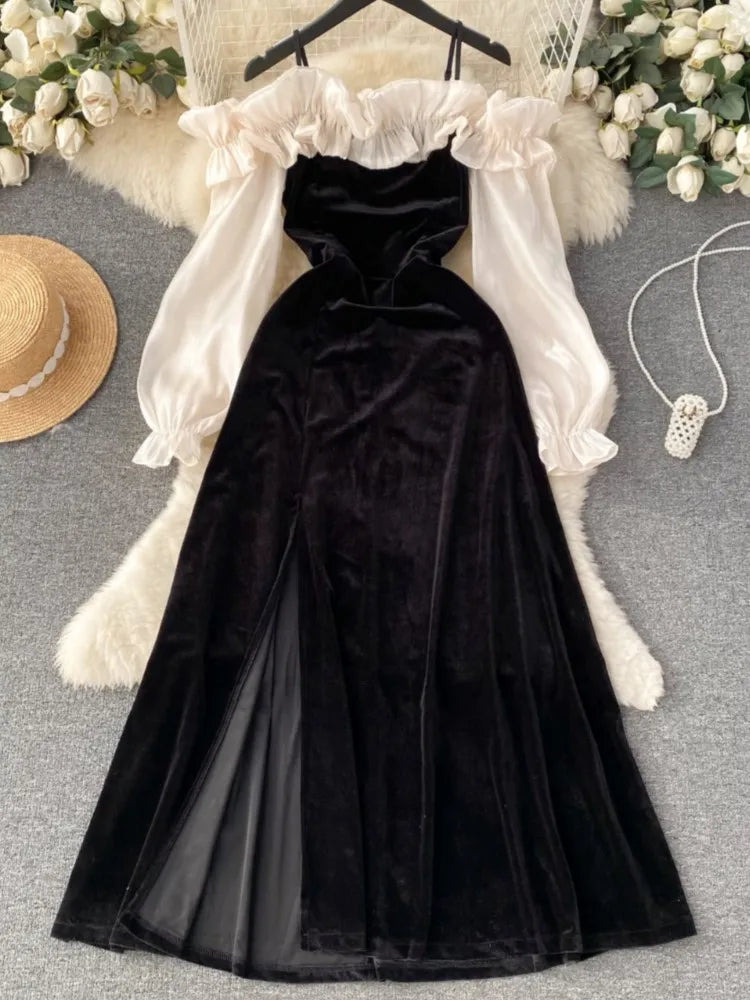 Sexy Bodycon Off Shoulder Party Dress Women Ruffles Velvet Patchwork Elegant Lady Fashion Prom Robe A-Line Vestidos Mujers New