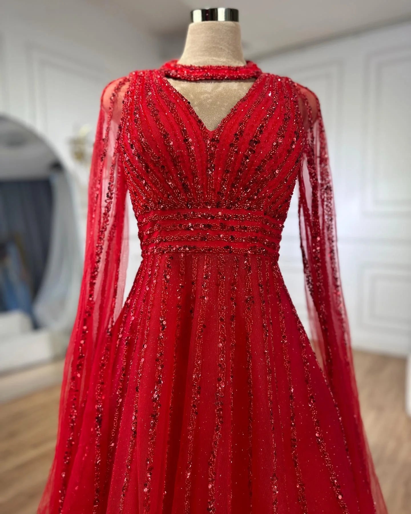 SERENE HILL 2024 Arabic Caramel A-Line Cape Sleeves Beaded Evening Dresses Luxury Gowns For Women Wedding Party GLA72171