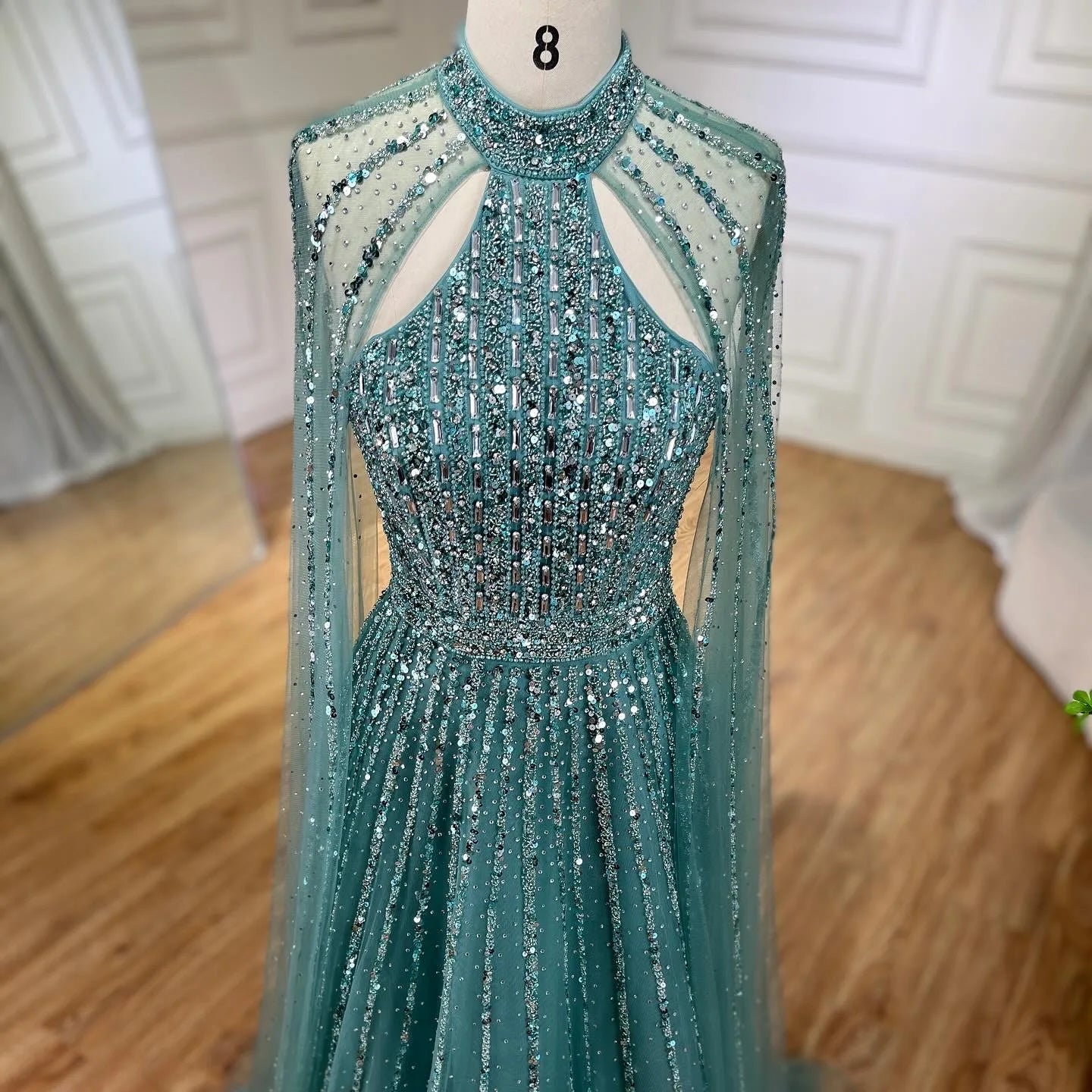 SERENE HILL 2024 Caramel Arabic Dubai Luxury Beaded Cape Sleeves Evening Dresses Formal Gowns For Women Wedding Party GLA72306A
