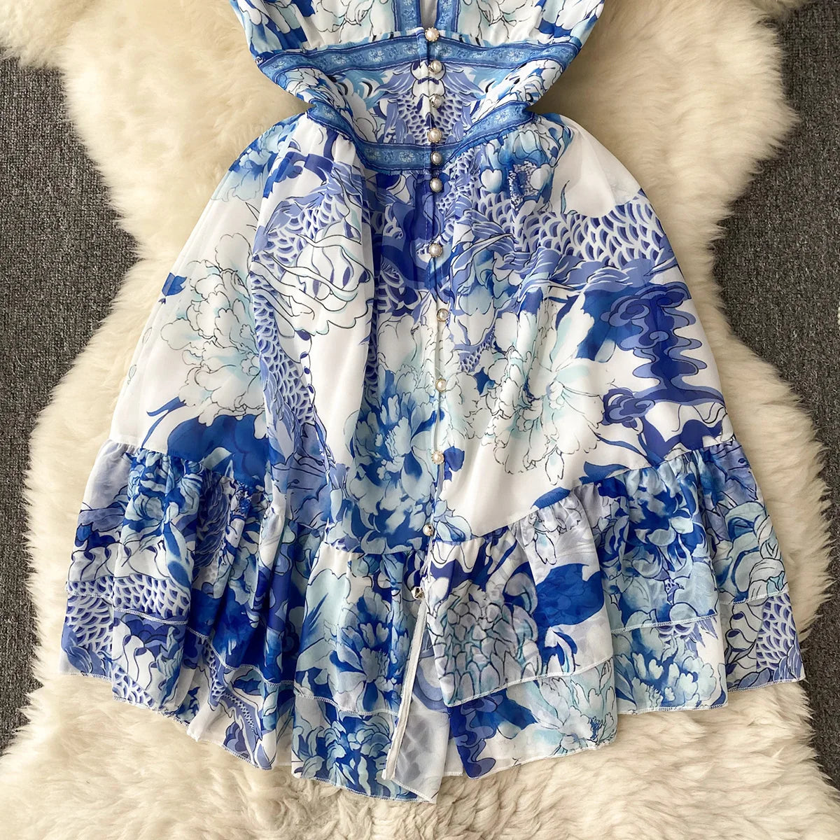 Short Dresses Women Cap Sleeve Vintage Print Chiffon Dress Faux Pearl Buttoned V Neck Ruffle Hem Wedding Elegant Party Dress