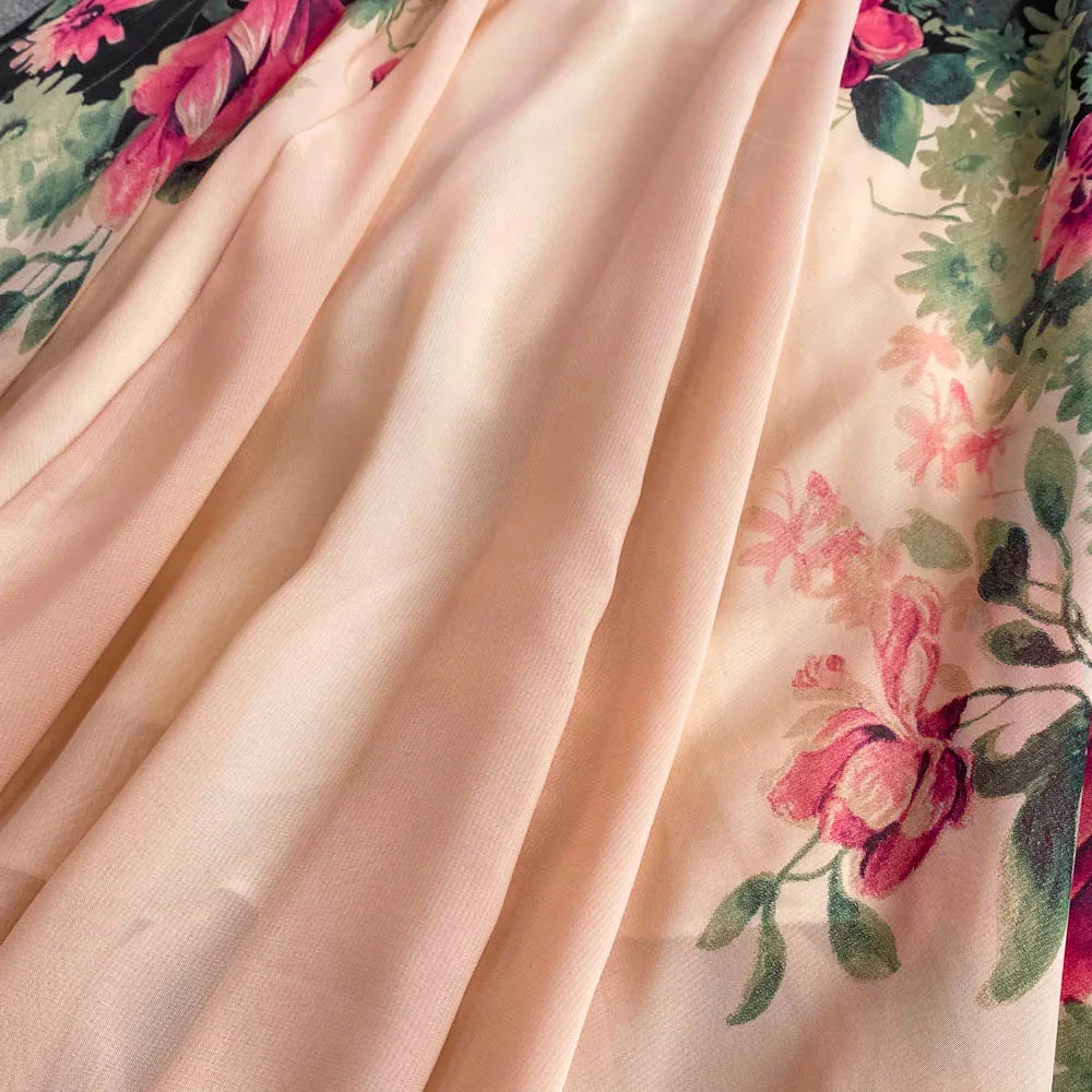 Elegant Evening Party Dress Women Sexy V-neck Floral Printed A-line Long Dresses Ladies Sleeveless Slim A-line Chiffon Long Robe