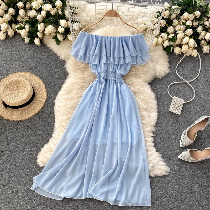 Women Chiffon Beach Dress Sexy Double Layer Ruffled Off The Shoulder Boho Dresses Ladies Sweet Slash Neck Long Dress