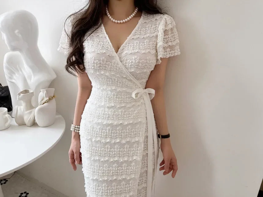 Women Elegant Bodycon Dress Summer Sexy V-neck Short Sleeve Korean Long Dresses Ladies Vintage Solid White Black Long Robe