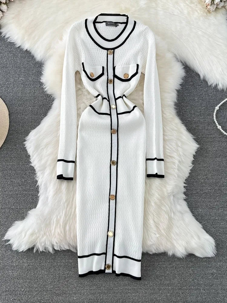 Women Elegant Bodycon Slim Party Knitted Dress Long Sleeve O-Neck Vintage Chic Prom Birthday Vestidos Autumn Female Long Robe