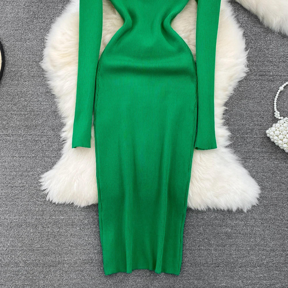 Sexy Split V-neck Long Sleeve Bodycon Dress Chic Elegant Evening Party French Fashion Knit Vestidos Women Autumn Pencil Dress