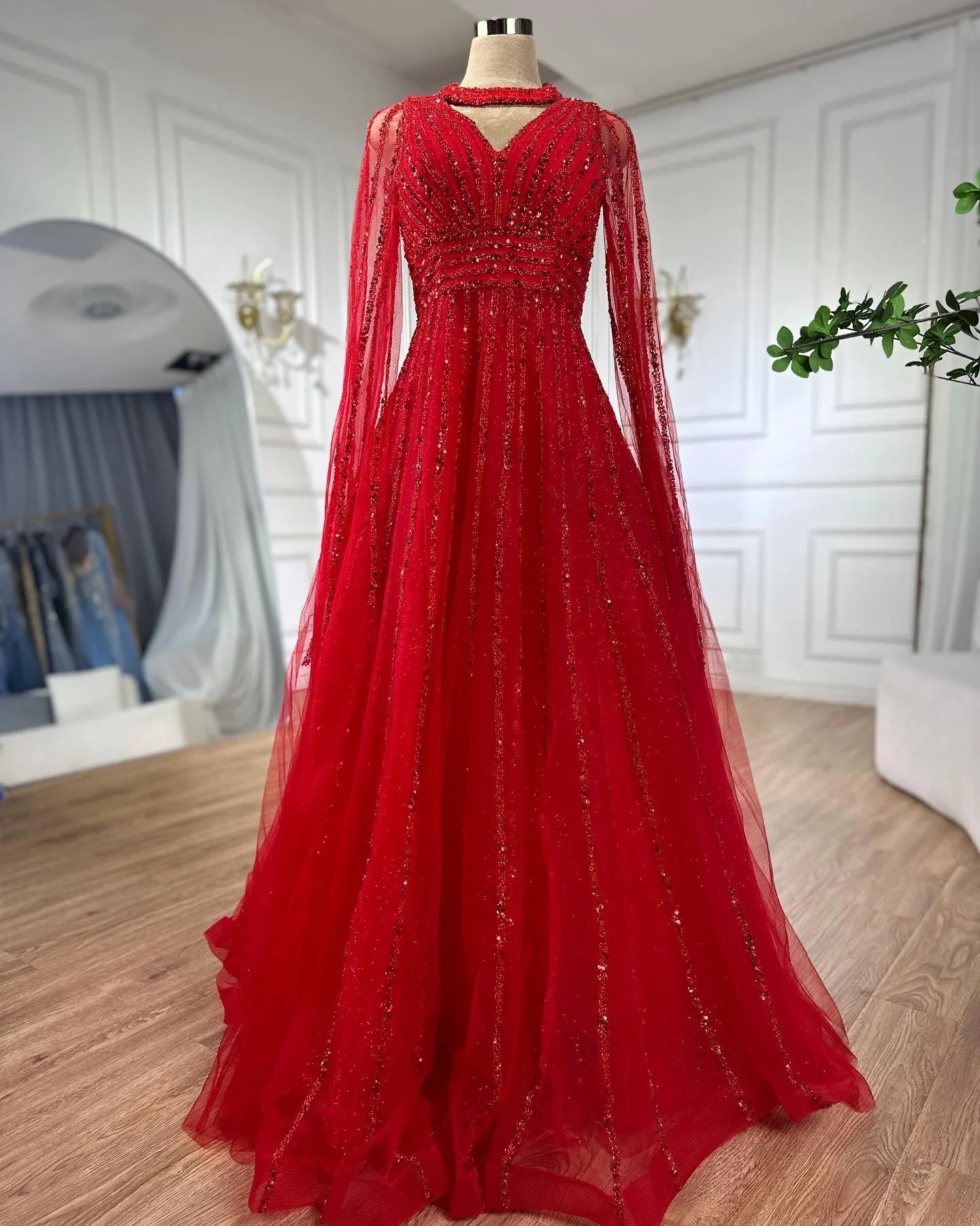 SERENE HILL 2024 Arabic Caramel A-Line Cape Sleeves Beaded Evening Dresses Luxury Gowns For Women Wedding Party GLA72171