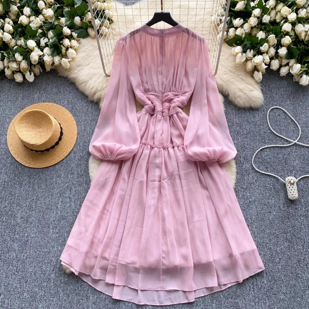 Elegant Tassel Beaded Lantern Sleeve Midi Dress Women French Stand Collar Slim A-Line Pleated Female One Piece Casual Mujer New