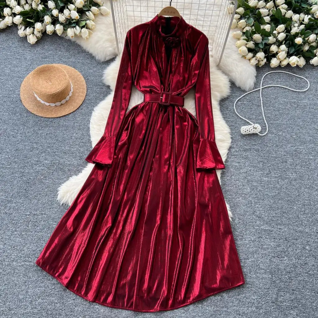 Autumn Vintage Pleated Women Long Dress Elegant Stand Collar Solid A-Line Party Prom Vestidos Female Birthday Clothes Mujers