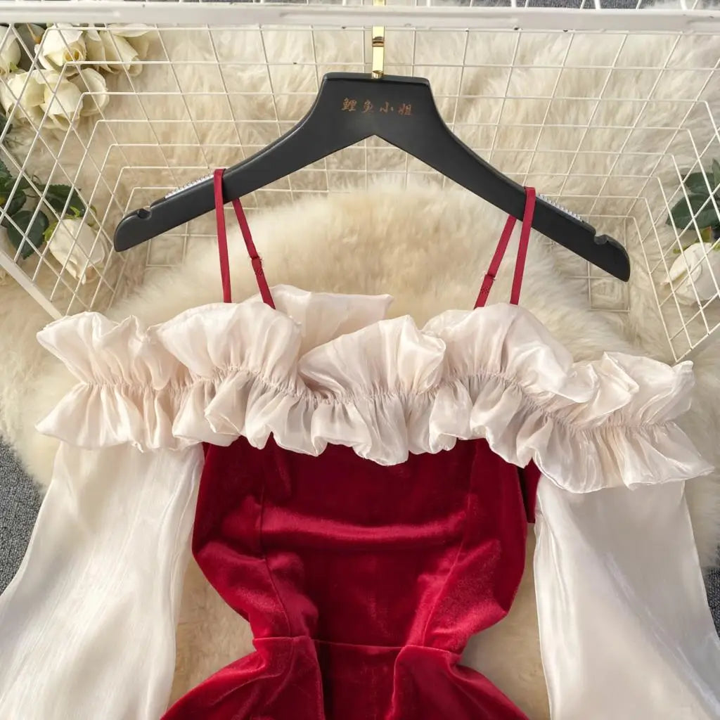 Sexy Bodycon Off Shoulder Party Dress Women Ruffles Velvet Patchwork Elegant Lady Fashion Prom Robe A-Line Vestidos Mujers New