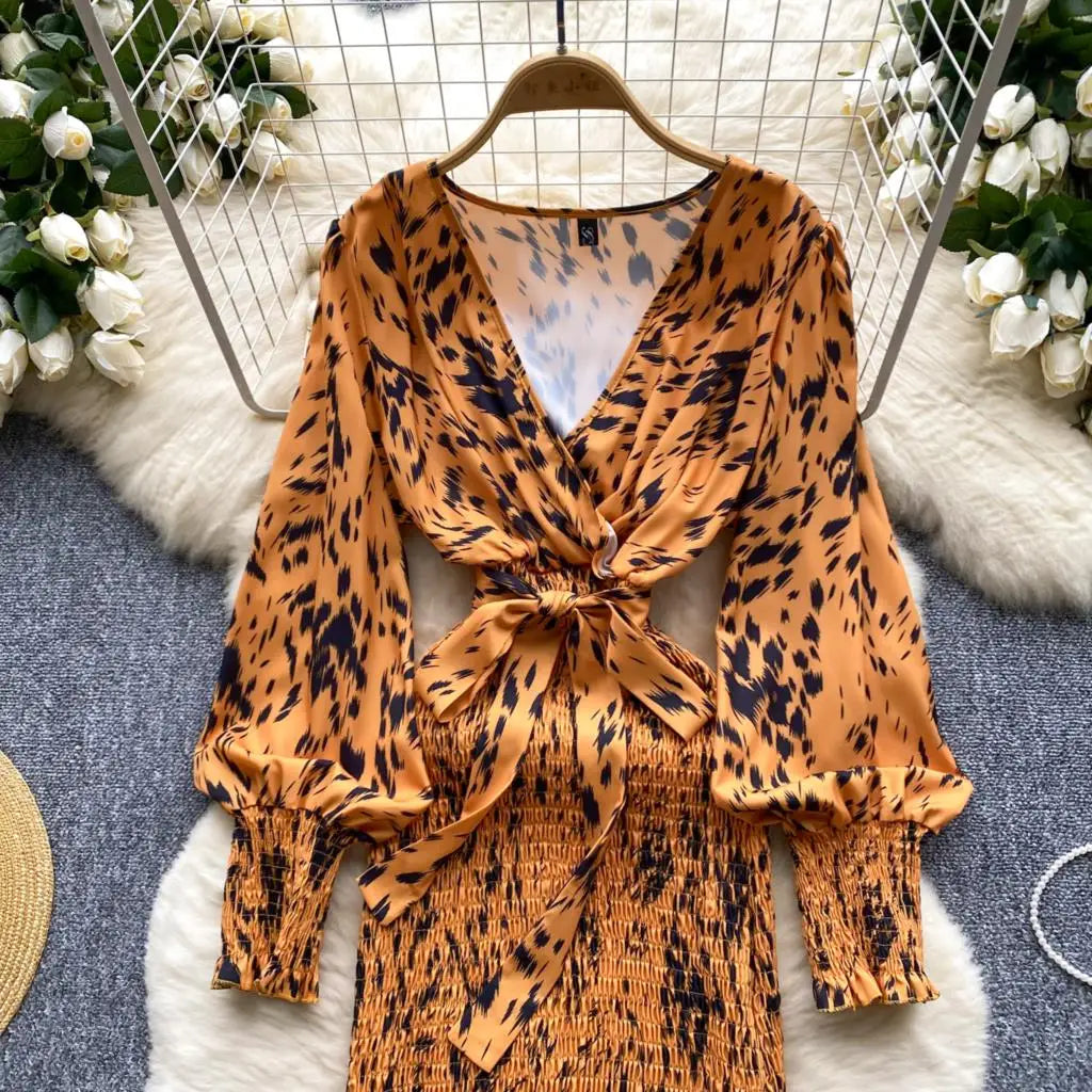 Women Casual Vintage Print Ruffle Long Dress Autumn Elegant V Neck Lantern Sleeve Party Mermaid Dresses Holiday Female Mujer New