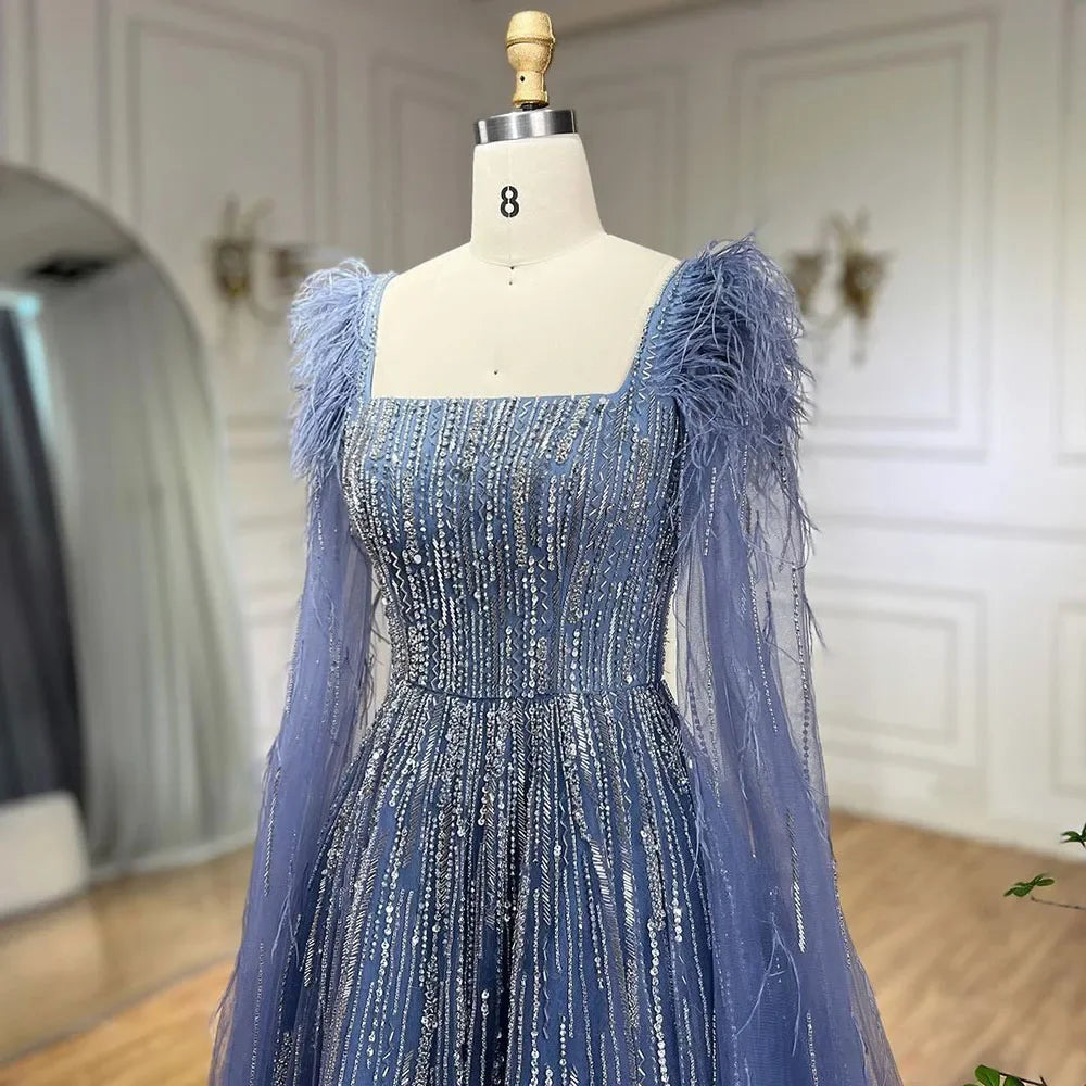 Serene Hill Luxury Dubai A Line Blue Cape Sleeves Feathers Beaded Evening Dresses Gowns 2023 For Women Wedding Party BLA72236