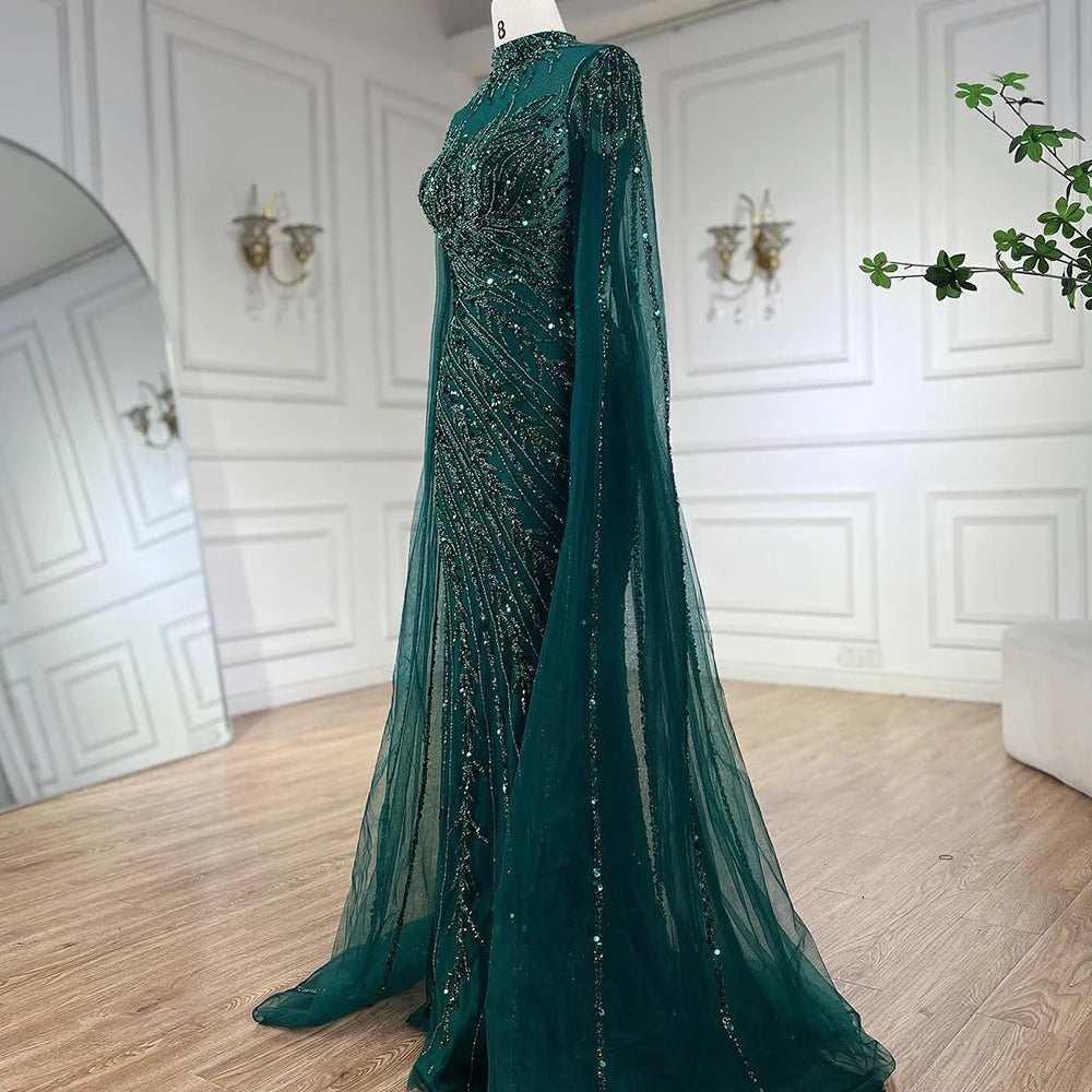 Serene Hill 2024 Nude Cape Sleeves Mermaid Lace Beaded Luxury Dubai Long Evening Dresses Gowns For Formal Occasion LA71885A