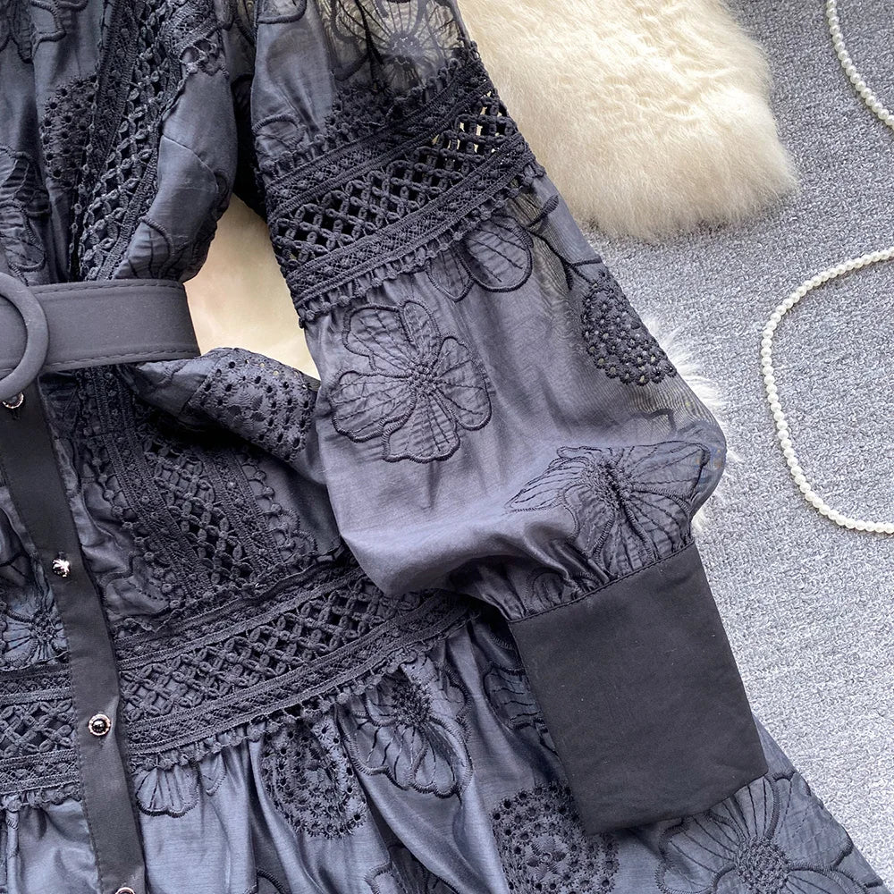 Spring Dresses 2024 Crochet Trim Cutwork Embroidery Mini Holiday Dress Women Stand Collar Long Sleeve Elegant Party Dresses