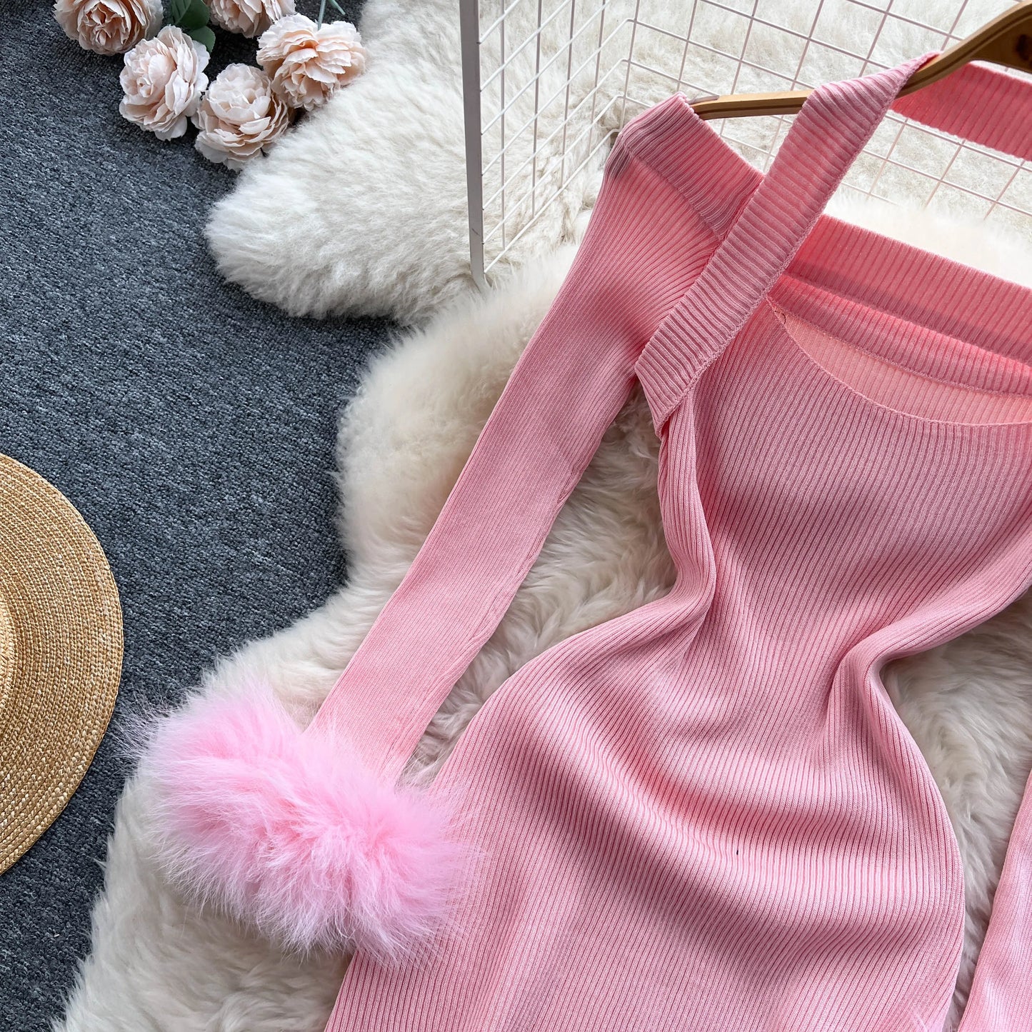 Chic Sexy Halter Bandage Irregular Bodycon Dress Fluffy Long Sleeve Knit Birthday Dress Autumn Winter Pencil Sweater Vestidos