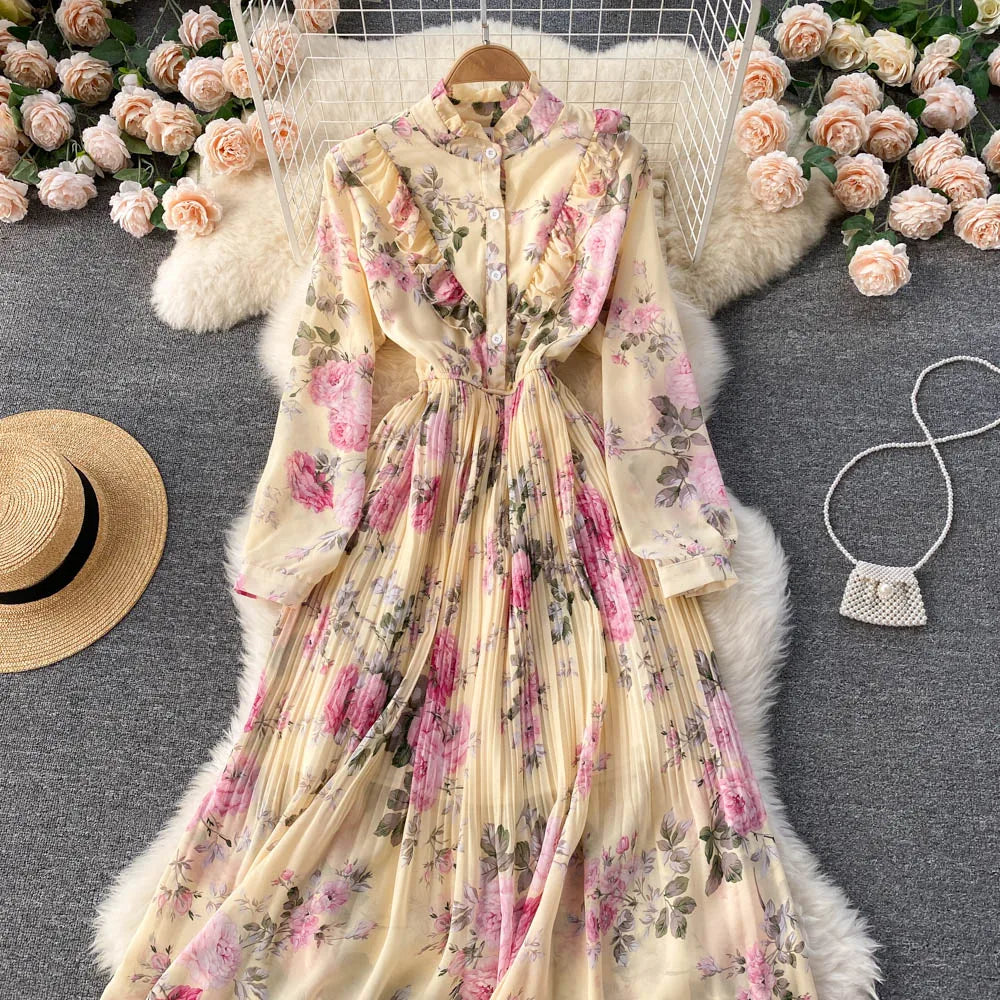 Retro Floral Print Pleated Elegant Chiffon Maxi Dress A-line Fashion Beach Vacation Party Dress Women Summer Spring Vestidos
