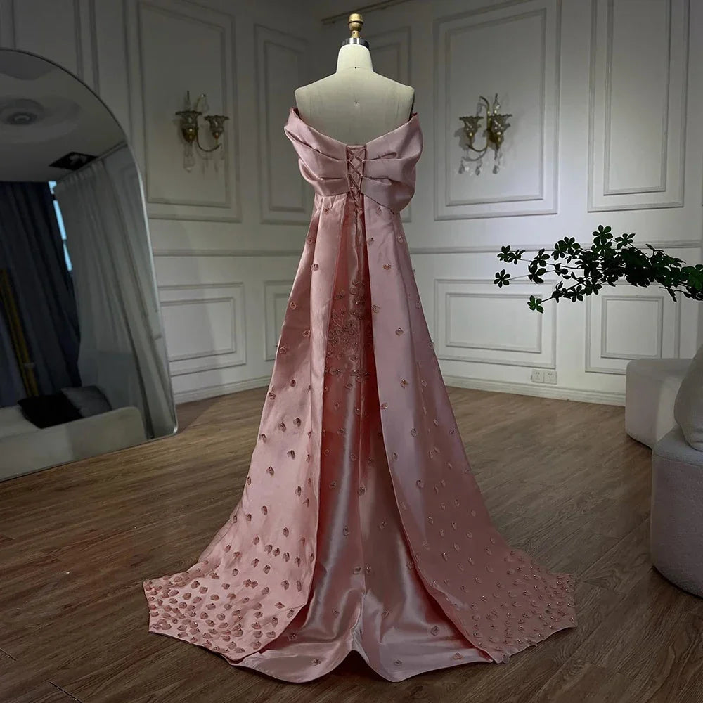 Serene Hill 2024 Luxury Saudi Arabia Off Shoulder Mermaid Peach Satin Luxury Women Evening Dress For Formal Occasions GLA72483