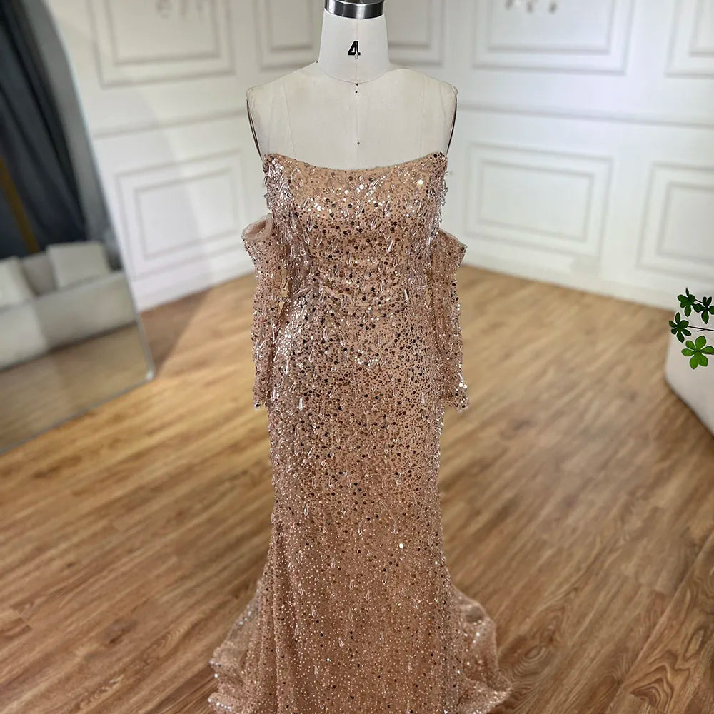 Serene Hill Arabia Orange Mermaid Strapless Luxury Beaded Crystal Evening Dresses Gowns for Women Wedding Party 2024 LA72402
