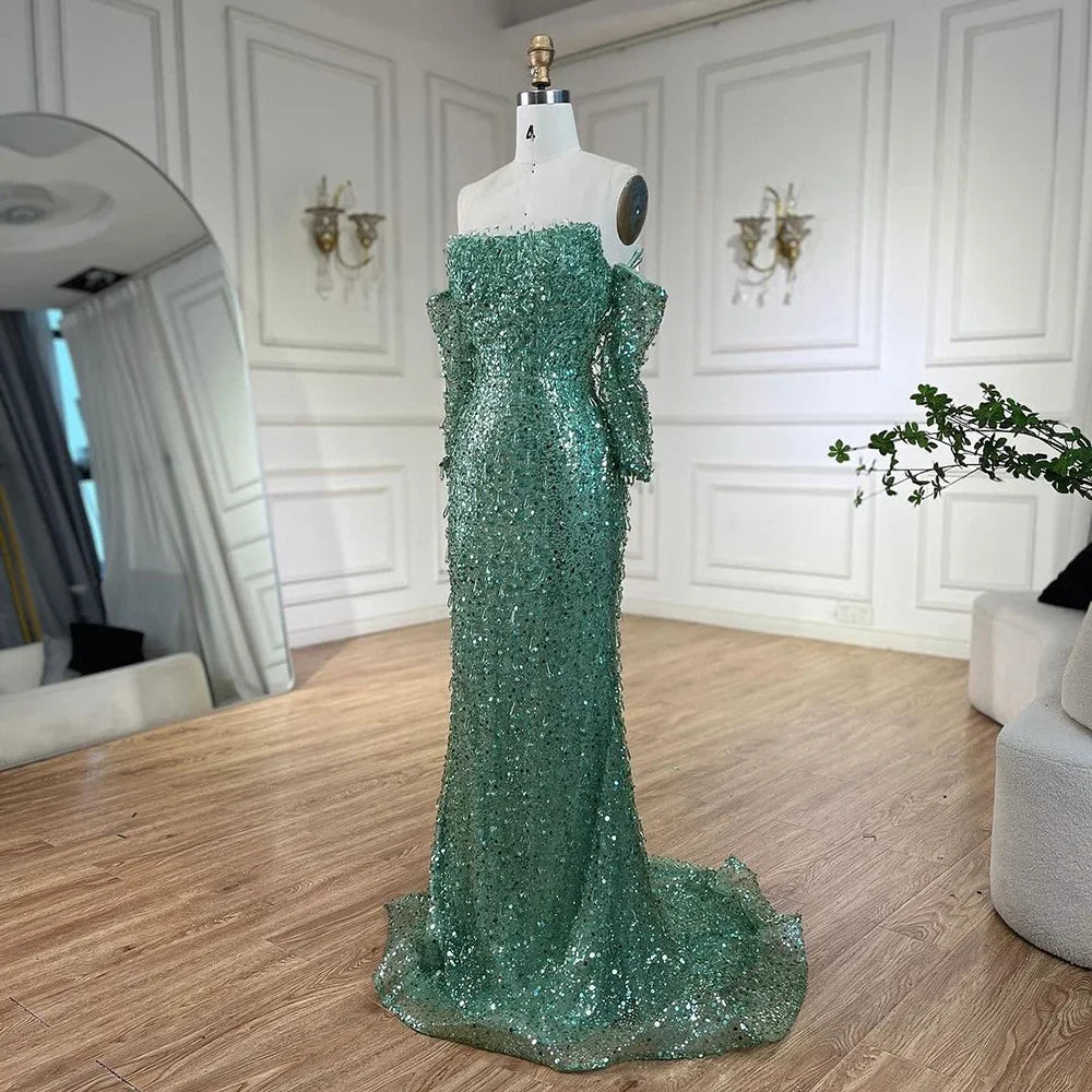 Serene Hill Arabia Orange Mermaid Strapless Luxury Beaded Crystal Evening Dresses Gowns for Women Wedding Party 2024 GLA72402