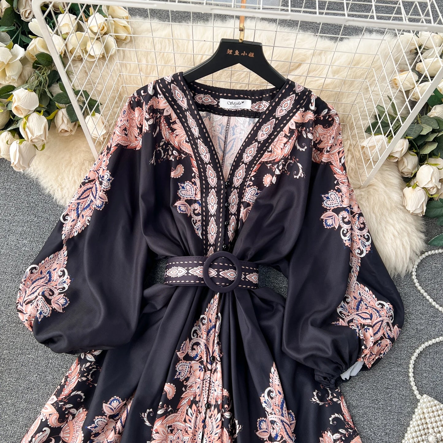 Vintage Print Elegant V-eck Single Breasted Lantern Long Sleeve Dress A-line Casual Women Fashion Summer Spring Vestidos