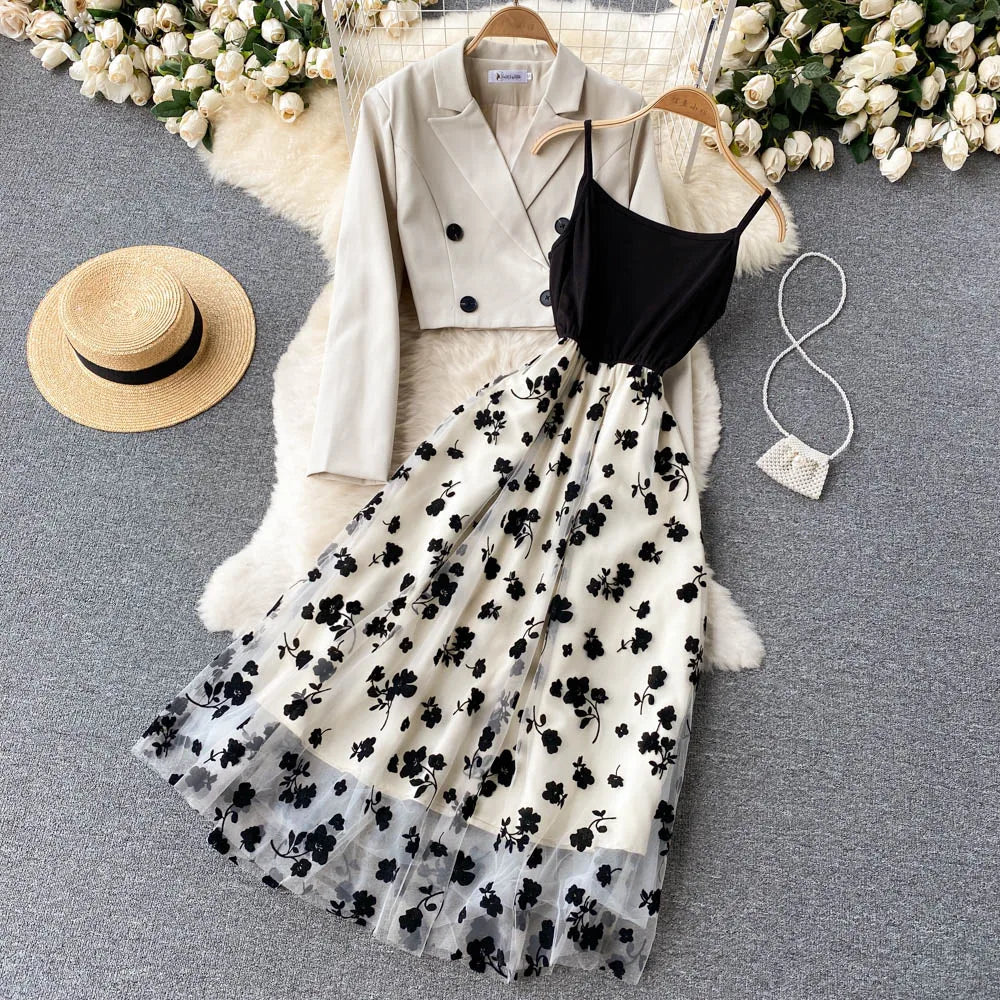 French Style Elegant Two Piece Sets Women Double Breasted Blazer Jacket + Mesh A-line Long Dress Fashion Korean Outfits