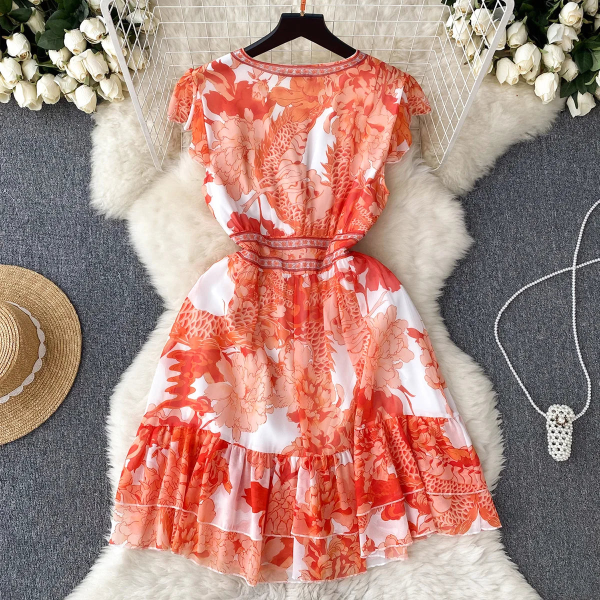 Short Dresses Women Cap Sleeve Vintage Print Chiffon Dress Faux Pearl Buttoned V Neck Ruffle Hem Wedding Elegant Party Dress