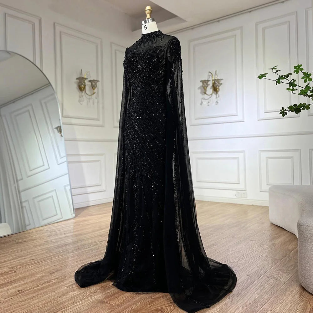 Serene Hill 2024 Nude Cape Sleeves Mermaid Lace Beaded Luxury Dubai Long Evening Dresses Gowns For Formal Occasion LA71885A