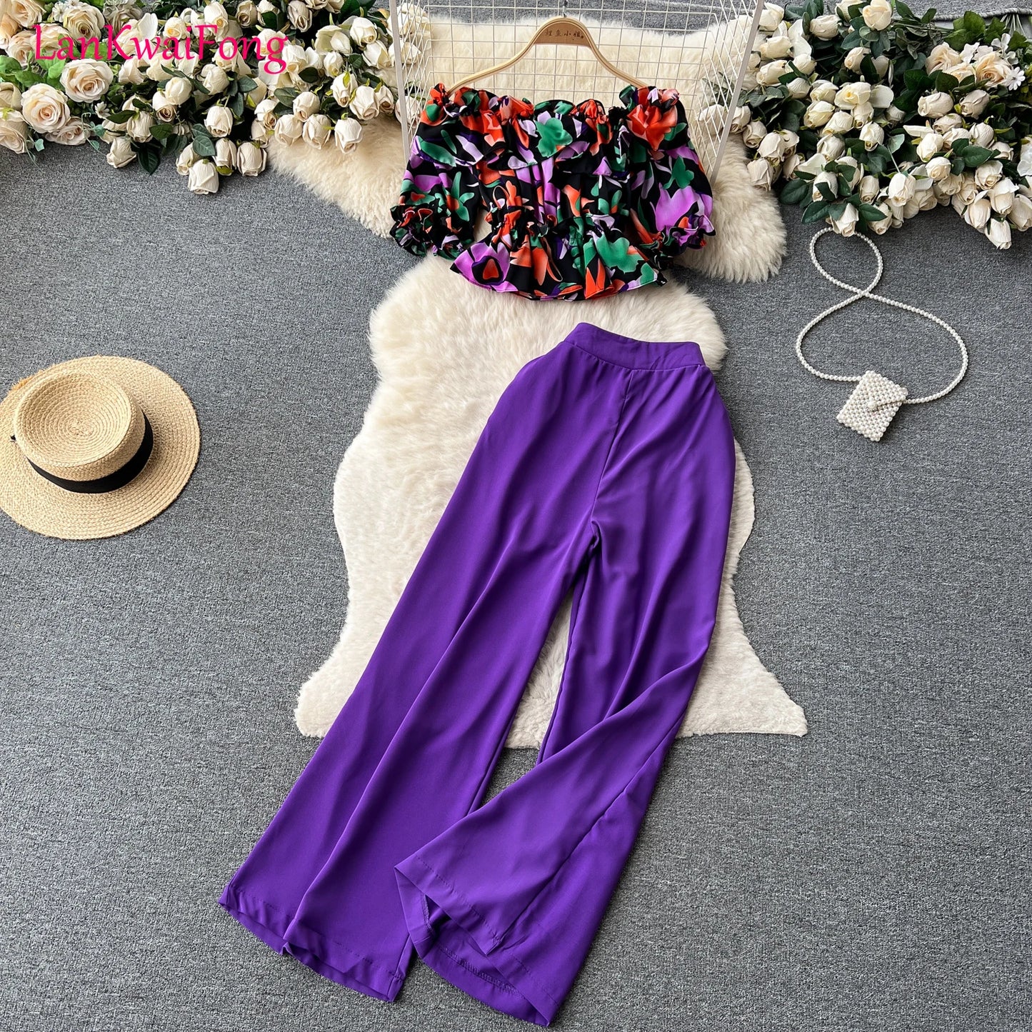 LKF Summer Casual One Piece Shoulder Lotus Leaf Edge Fragmented Flower Shirt Top Women's Wide Leg Pants Two Piece Set Wholesale