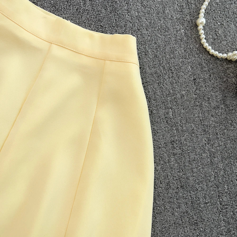 Chic Two Pieces Sets Sexy Single Breasted puff sleeve sweet blouse with Fashion basics A-line Skirt Vacation Sets