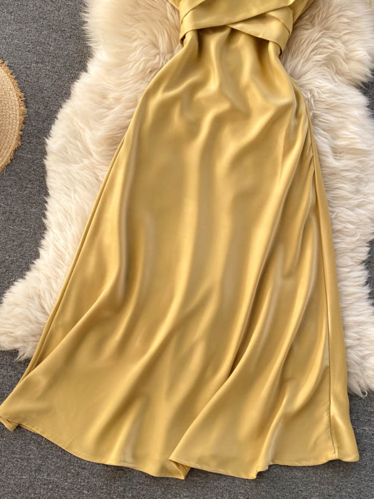 New Women Casual Long Dress Summer Cross V-neck Sexy Off-shoulder Dresses Ladies Sleeveless Slim Satin Long Robe Vestidos