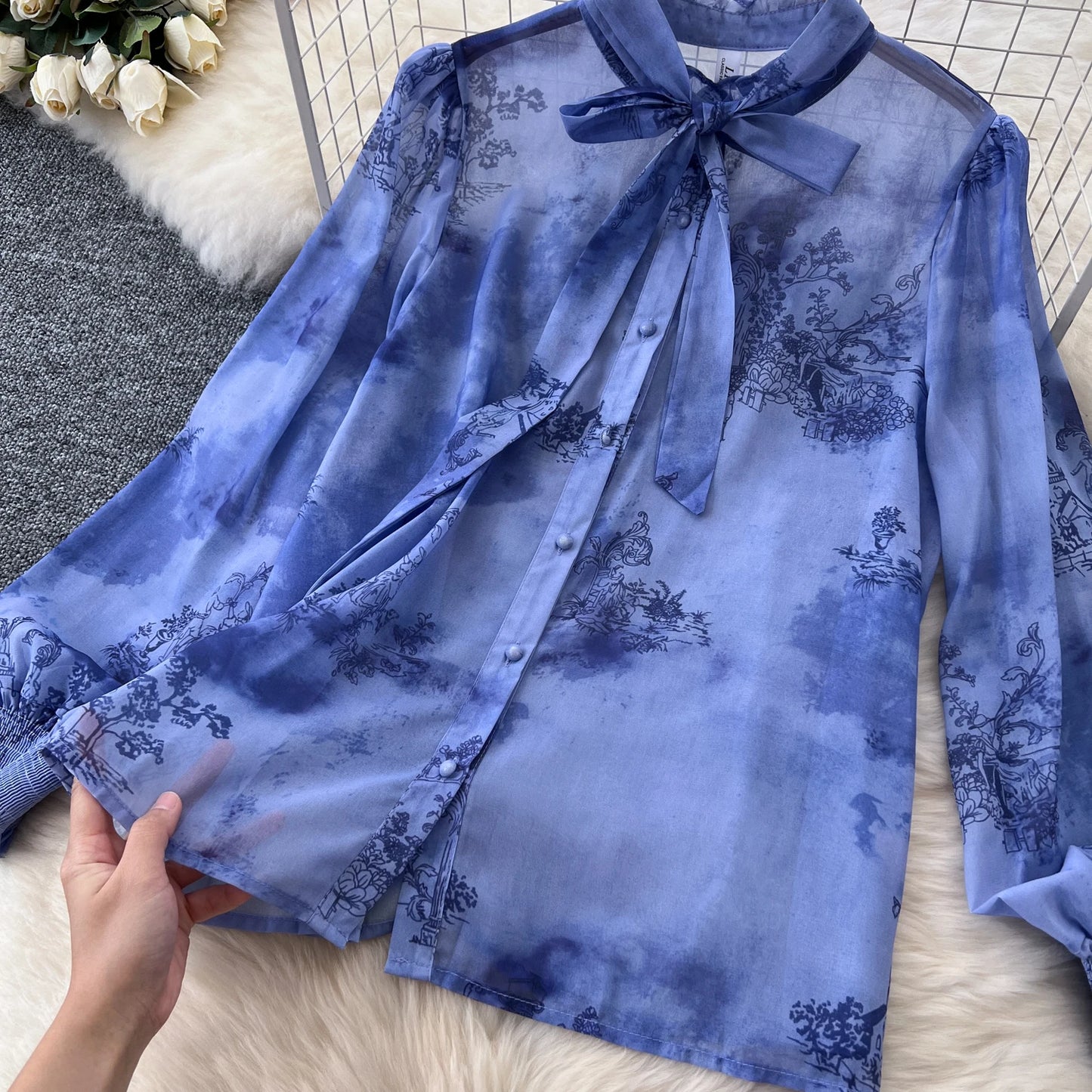 Women Chic Print Sweet Two Pieces Sets Bow Lantern Long Sleeve Top High Waitst Wide Skirt Fashion Summer Sets