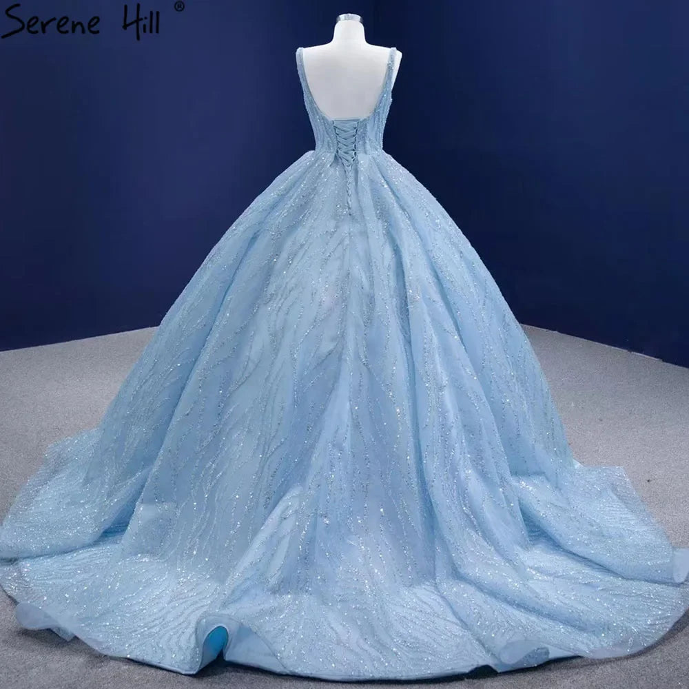 Serene Hill Blue Luxury High end Wedding Dresses 2024 Beaded Sleeveless Lace Up Bridal Dress HM67331 Custom Made