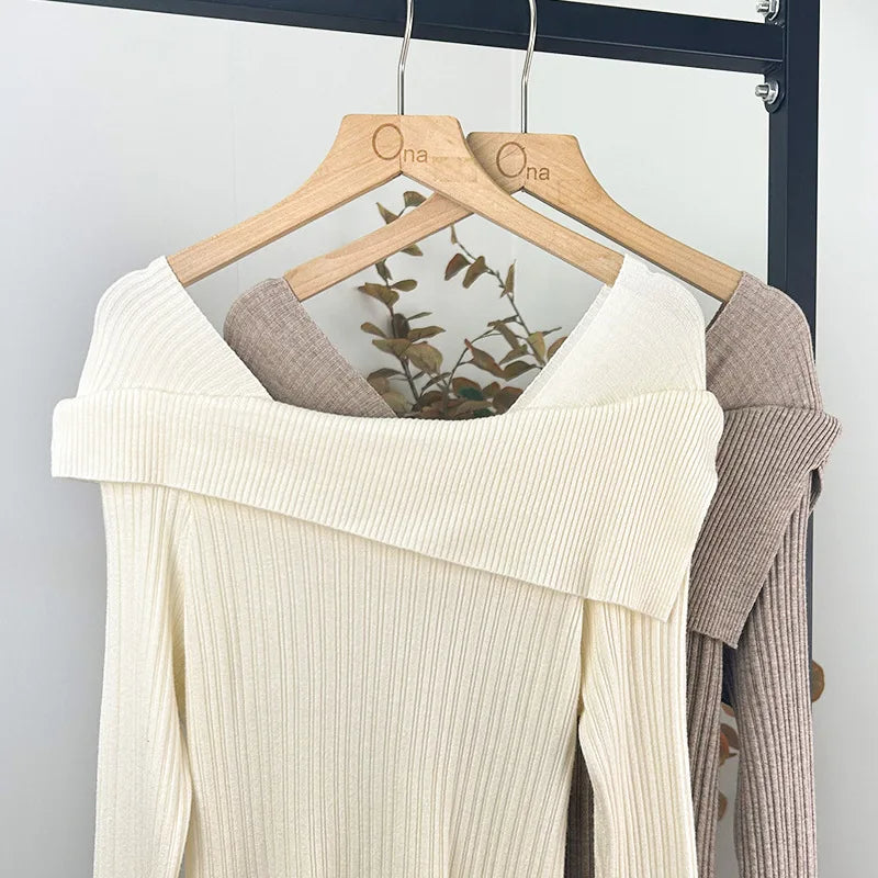 One Shoulder Sweater Autumn/Winter New Style Retro Luxury Women's Off Shoulder Knitted Top Solid Color Slim Long Sleeve Pullover