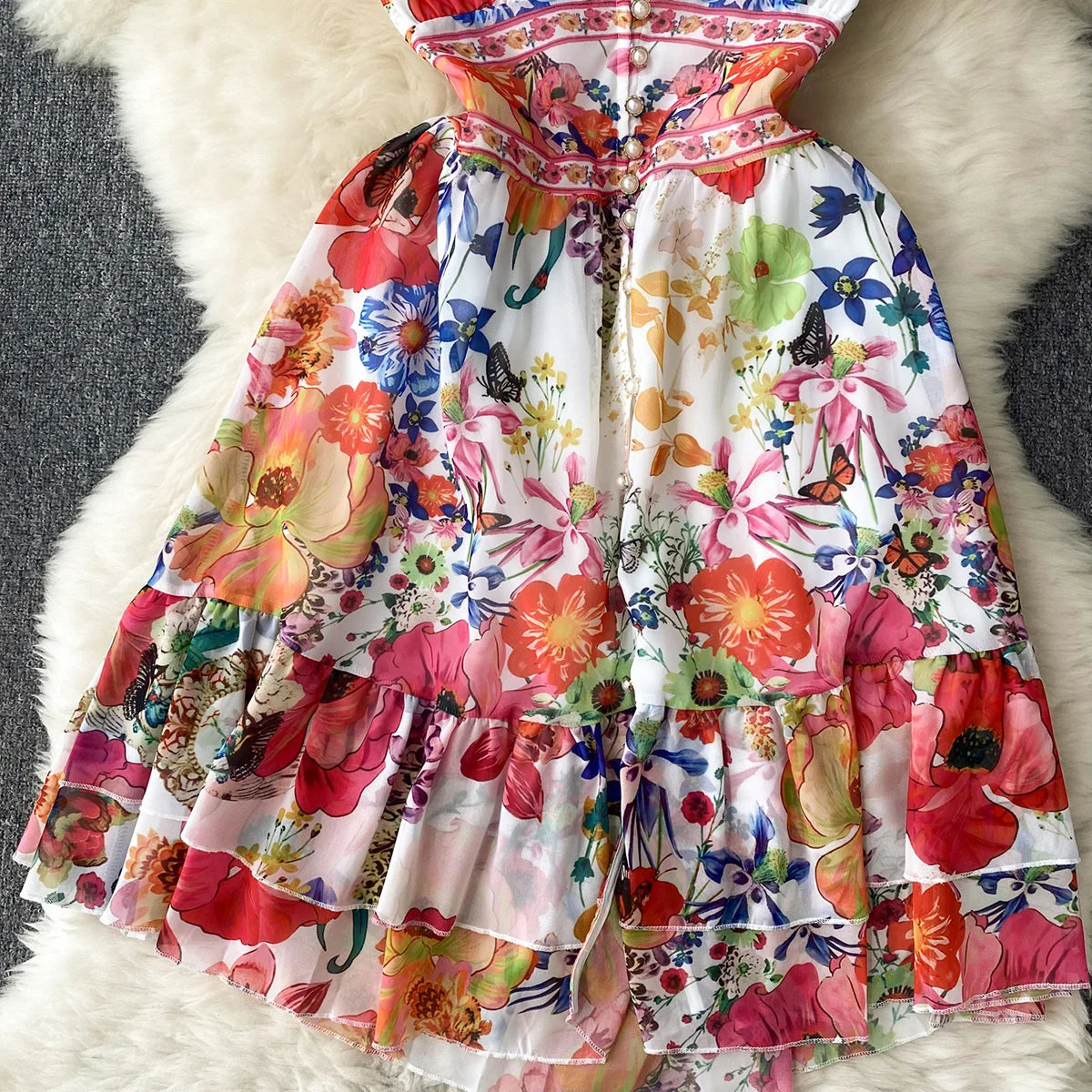 Short Dresses Women Cap Sleeve Vintage Print Chiffon Dress Faux Pearl Buttoned V Neck Ruffle Hem Wedding Elegant Party Dress