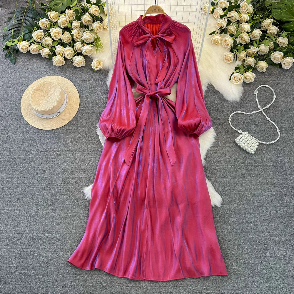 Autumn Elegant Women Fashion Party Long Dress Bow Lace Up Long Sleeve Evening Dresses A-Line Casual Vestidos One Piece Prom Robe
