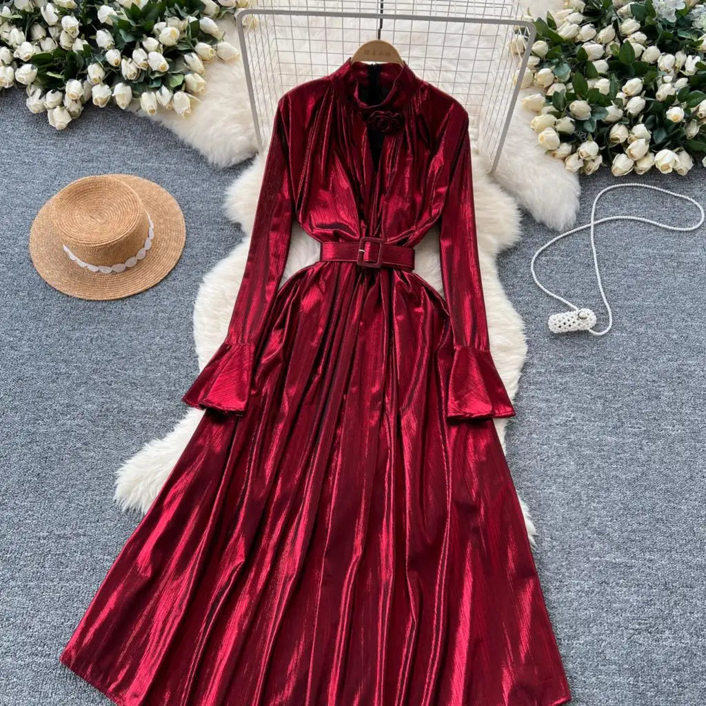 Autumn Vintage Pleated Women Long Dress Elegant Stand Collar Solid A-Line Party Prom Vestidos Female Birthday Clothes Mujers