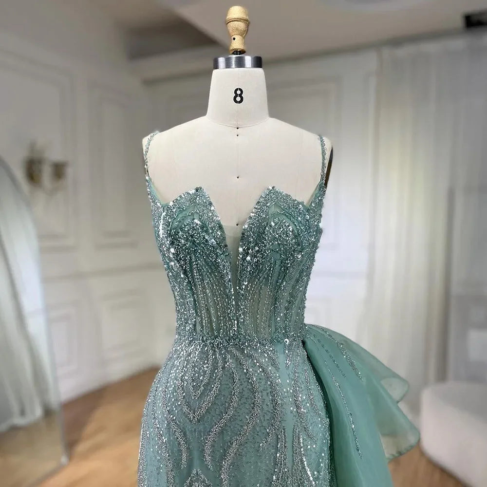 SERENE HILL 2024 Turquoise Spaghetti Strap Luxury Beaded Evening Dresses Mermaid Elegant Overskirt Gown For Women Party GLA72378