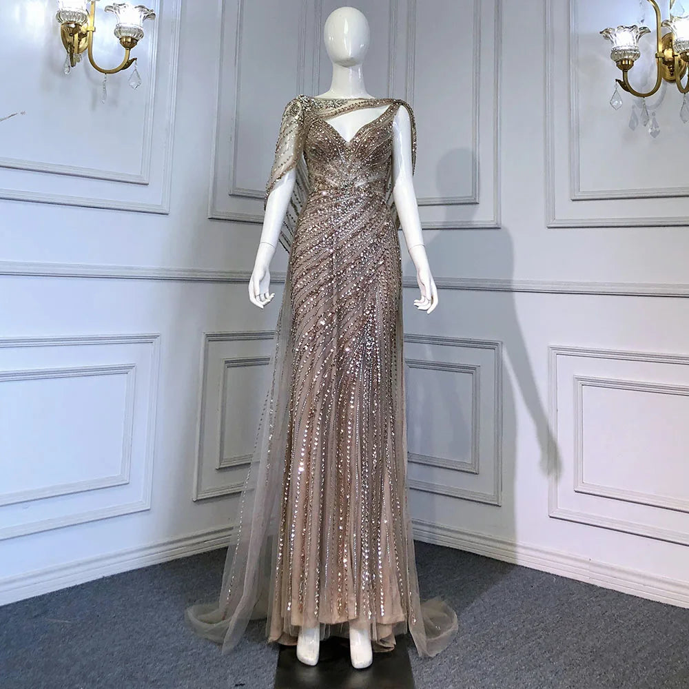 Luxury Champagne Split Evening Dresses 2024 Diamond Beaded Sleeveless Mermaid Formal Serene Hill LA70301