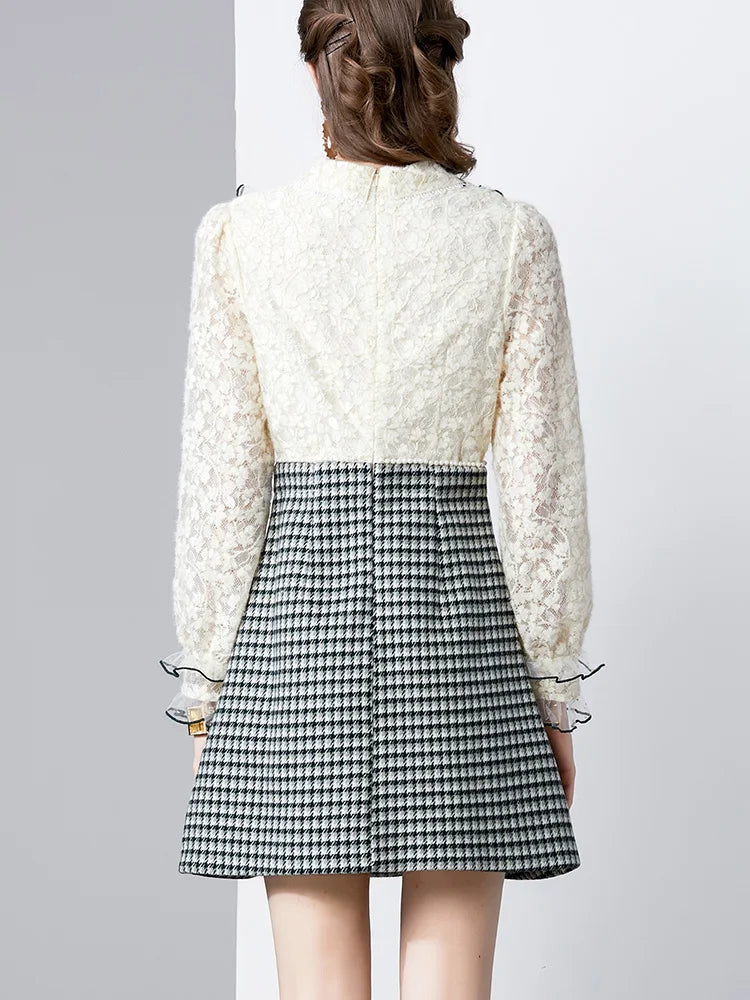 Winter Clothes Women Dresses Long Sleeve Lace Patchwork Textured Tweed Dress Ruffled Trim Lapel Collar Bow Elegant Mini Dress