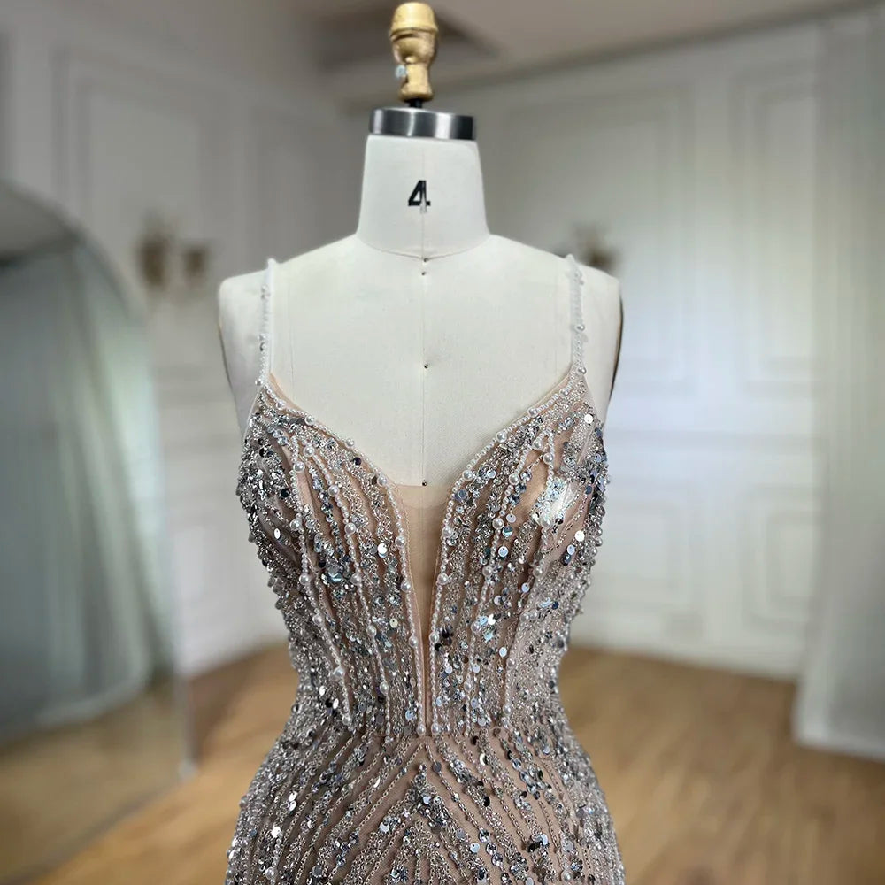 SERENE HILL 2024 Silver Nude Mermaid Spaghetti Straps Beaded Feathers Split Evening Dresses Long Gowns For Woman Party GLA72047B
