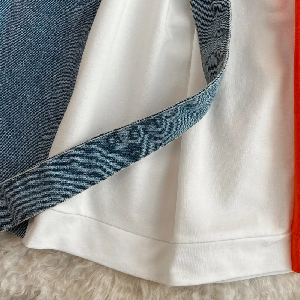 Women Summer Casual T Shirt Short Sleeve Streetwear Patchwork Denim Long Shirts Female O-neck Slim Jeans Tops