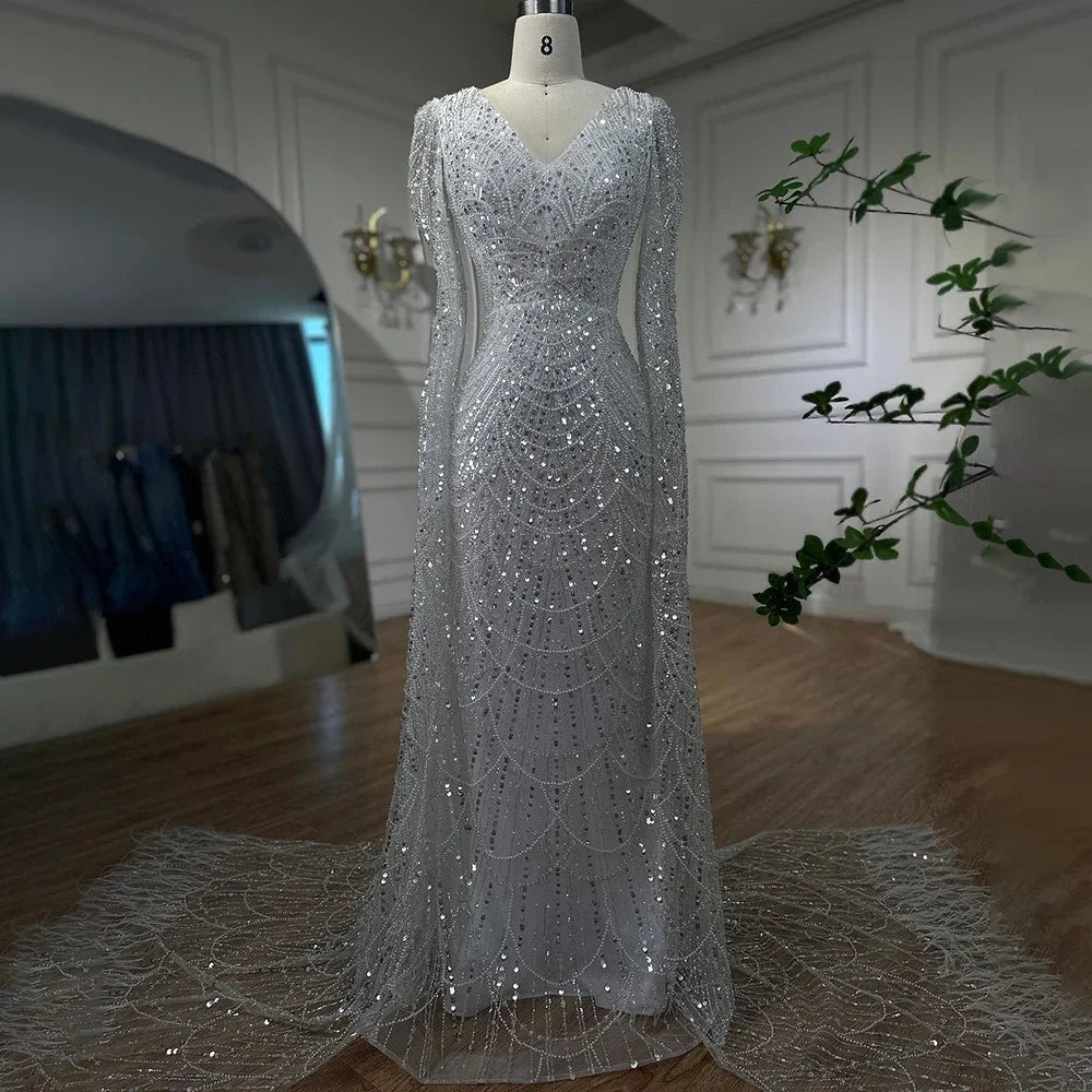 Serene Hill Arabic White Luxury Pearls Beaded Mermaid Cape Sleeves Evening Gowns 2024 For Women Wedding Party LA72160