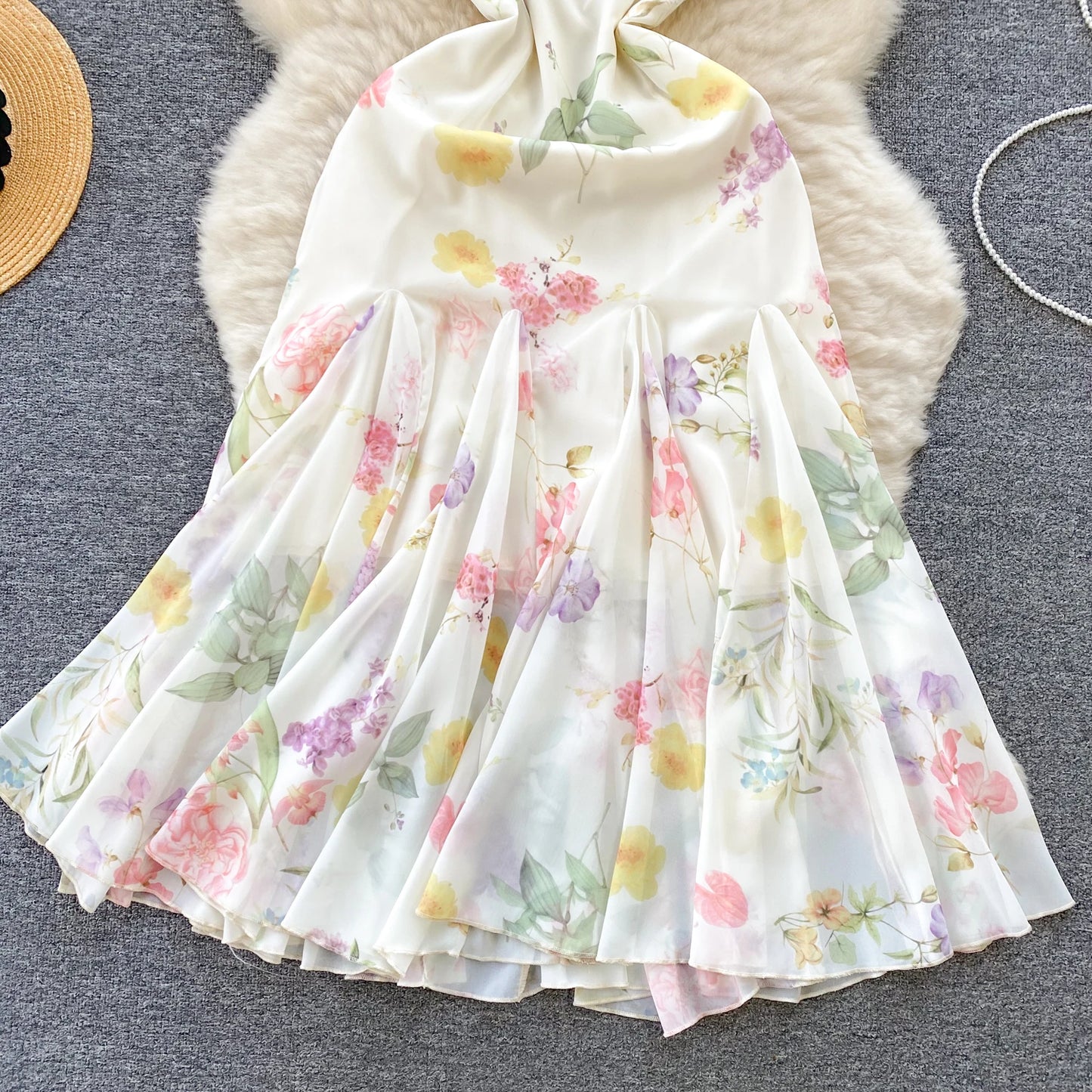 French Elegant Beach Dress 2024 New Women Sexy Floral Printed Slim Mid Length Ruffled Party Dresses Ladies Summer Long Robe