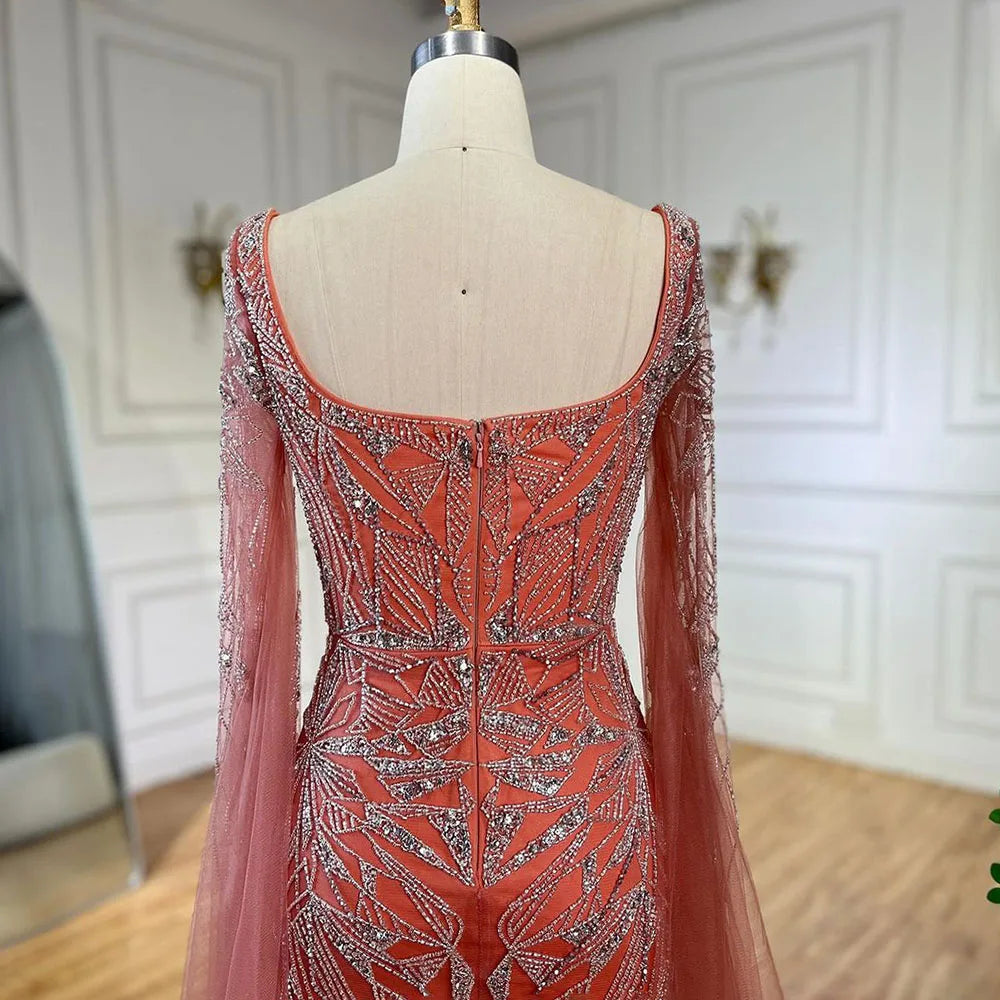 Serene Hill Arabic Pink Cape Sleeves Mermaid Dubai Evening Dresses Beaded Luxury Wedding Party Gowns For Women 2024 LA72261