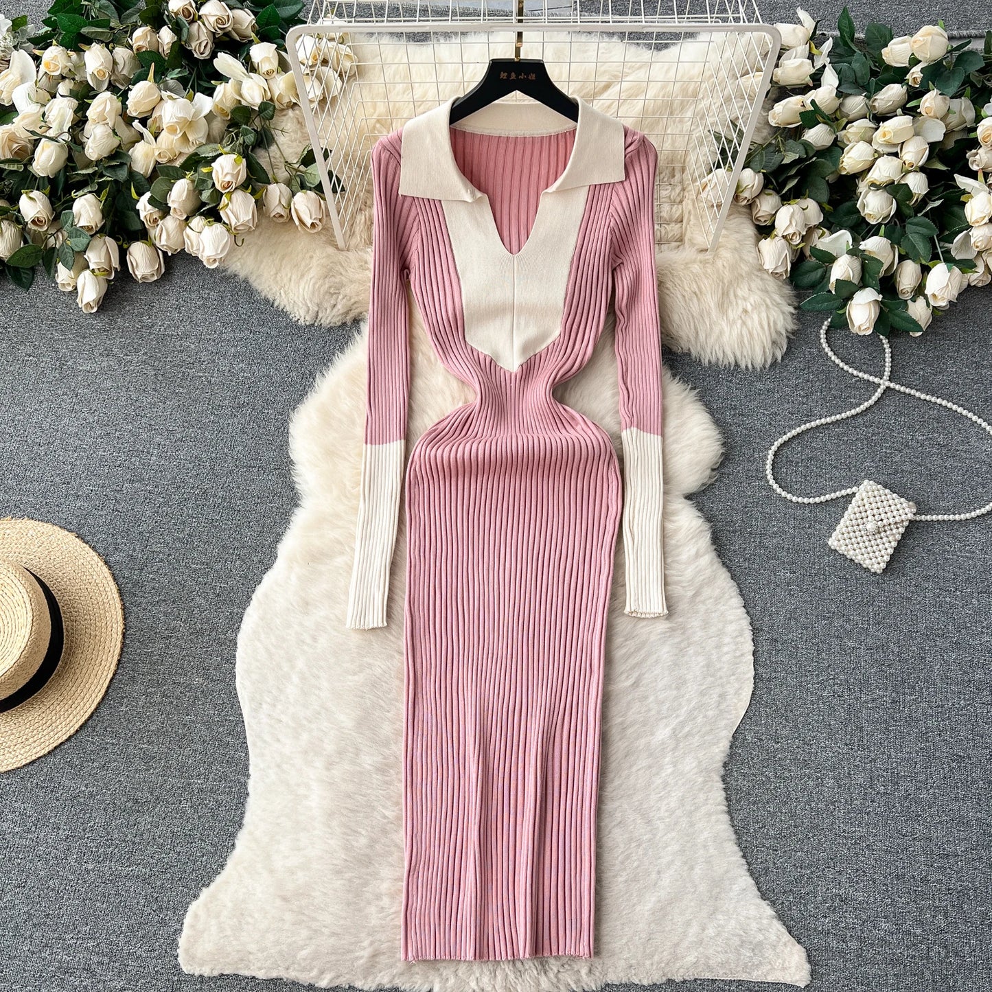 Elegant Polo-neck Long Sleeve Knit Bodycon Pencil Dress Slim Basic Fashion Sweater Vestido Sexy Women Autumn Winter Clothing