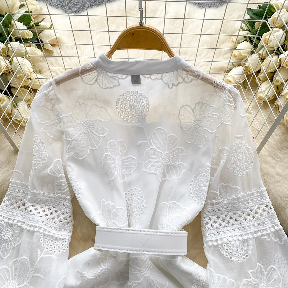 Spring Dresses 2024 Crochet Trim Cutwork Embroidery Mini Holiday Dress Women Stand Collar Long Sleeve Elegant Party Dresses