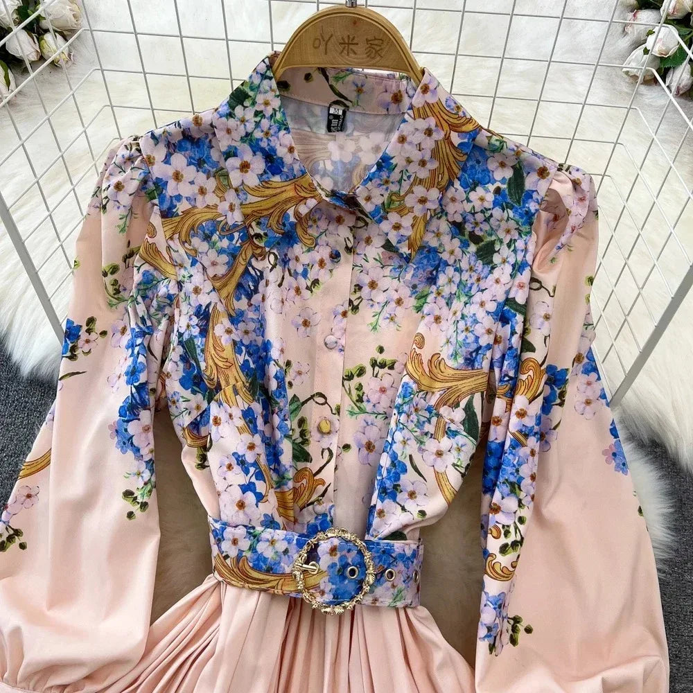 Vintage Print Elegant Lantern Long Sleeve Lapel A-line Dress Casual Women Fashion Autumn Spring Dress