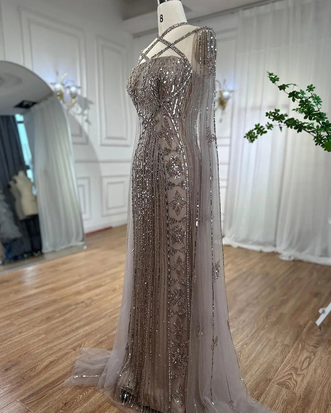 SERENE HILL Arabic Caramel Mermaid Elegant Cape Sleeves Beaded Luxury Evening Dresses 2024 Formal Gown For Women Party GLA71905A