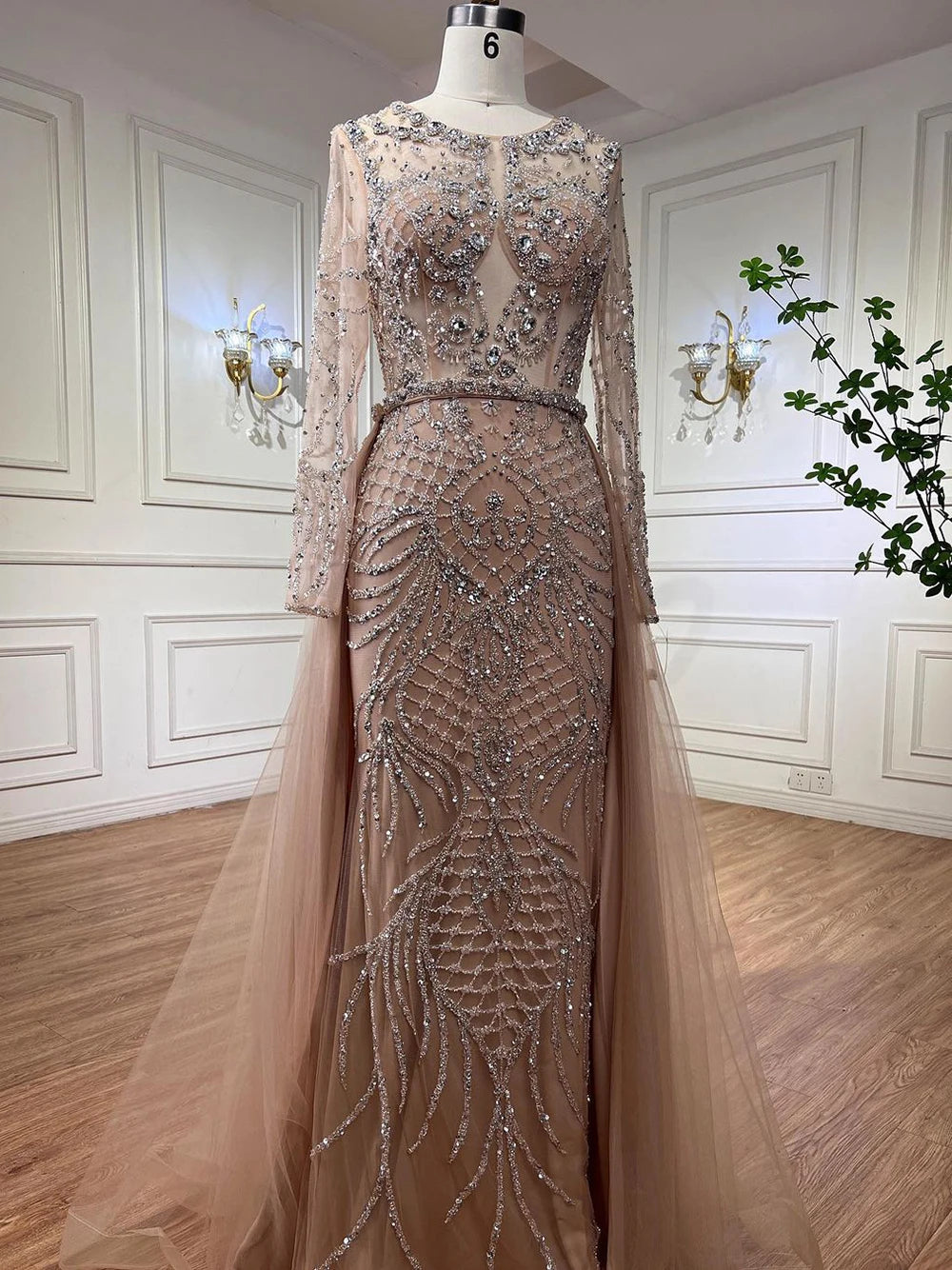 Serene Hill Muslim Silver Nude Mermaid Gown with Detachable Overskirt Beaded Evening Dress for Women Wedding Party 2024 LA71919