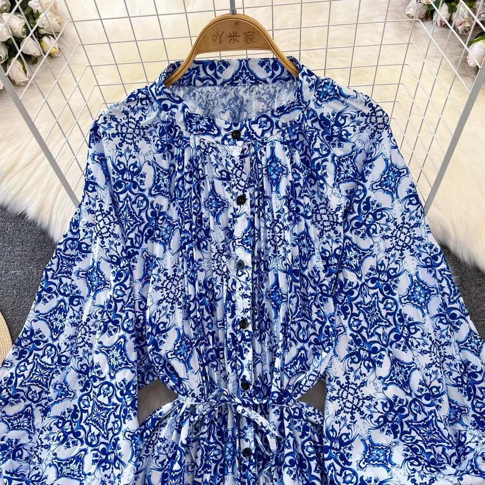 Elegant Women Casual Floral Print Party Dress Vintage Lantern Sleeve A-Line Pleated Prom Birthday Clothes Female Fashion Robe