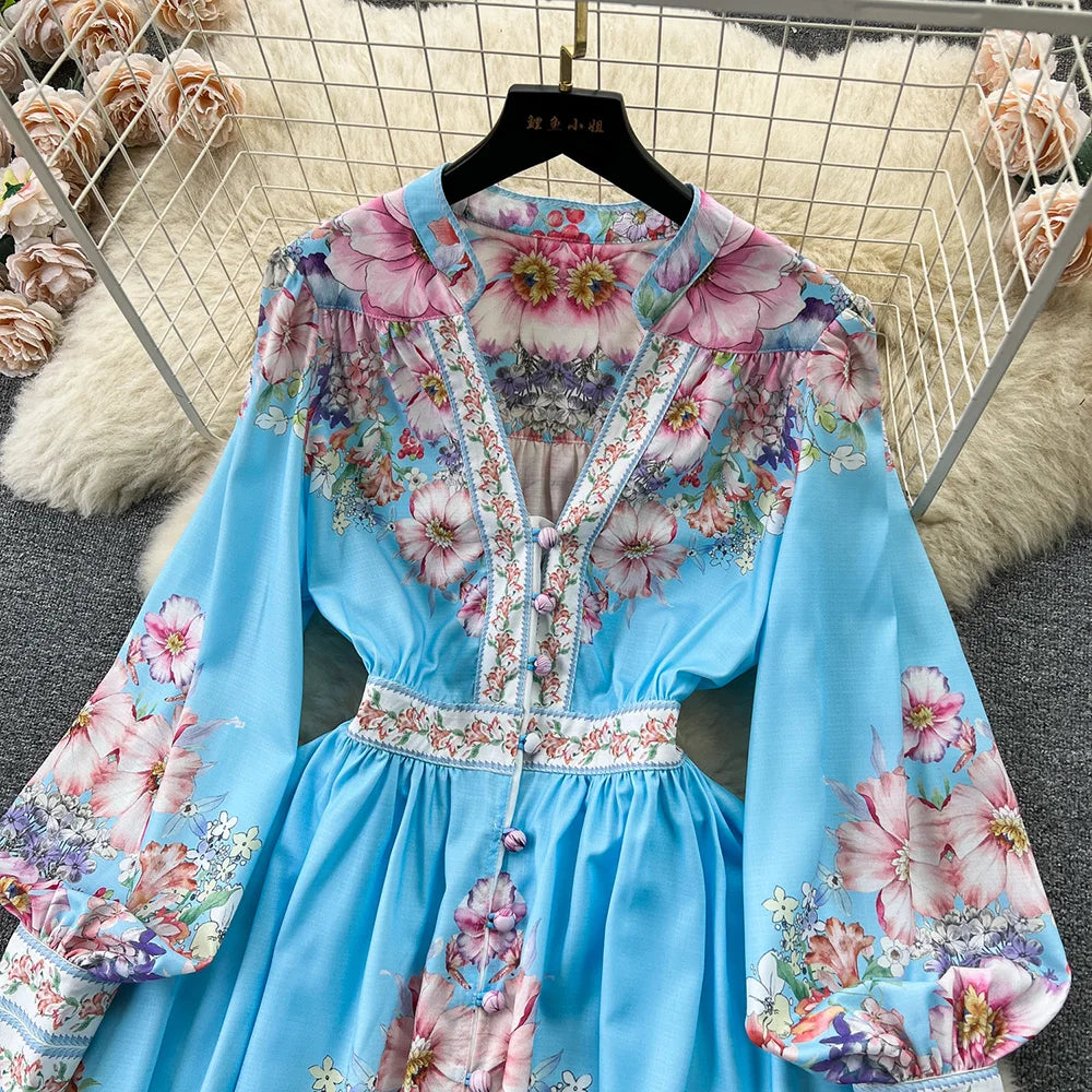 Spring Dresses 2024 Women Fashion Elegant Vintage Floral Print Dress V Neck Front Button Up Long Sleeve Holiday Mini Dress Woman